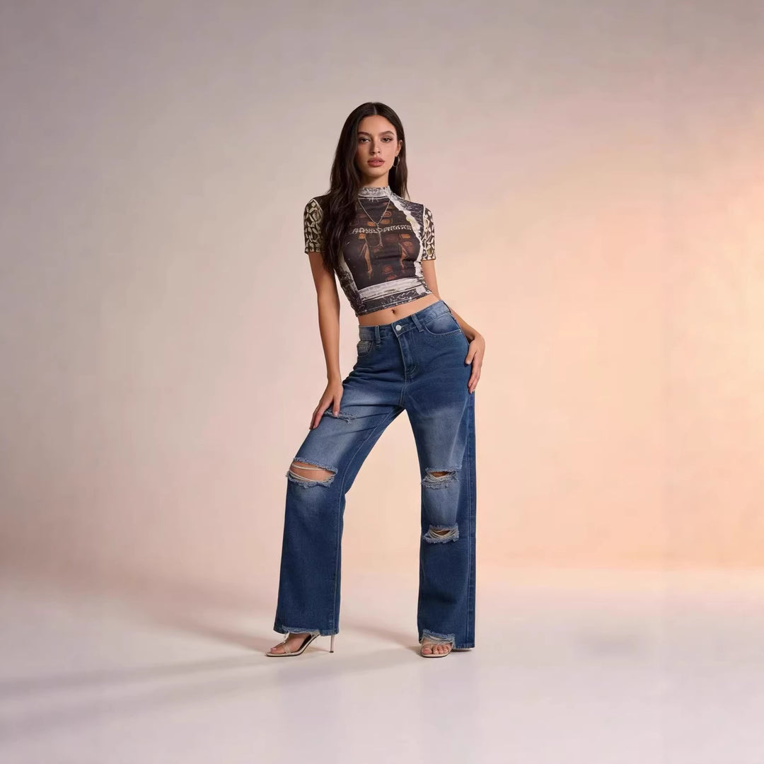 Damen hochgeschnittene Relaxed-Jeans mit weitem Bein, Knie-Rips und rohem Saum Nord Taschen