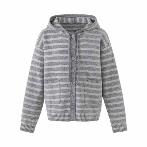 Damen Kapuzenstrickjacke mit Knopfleiste und Blockstreifen Nord Taschen