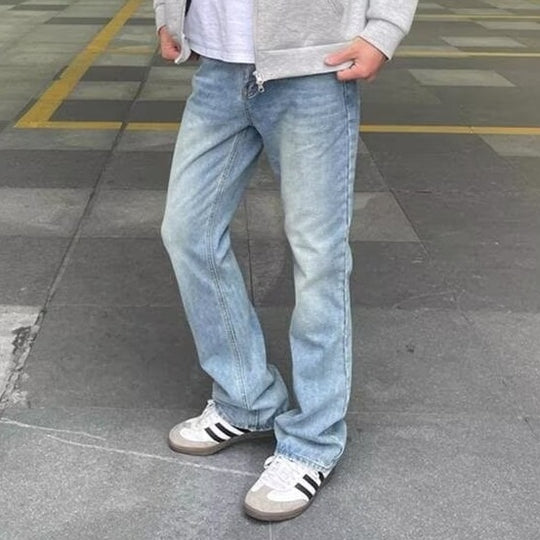 Damen Gerade geschnittene Vintage-Waschung Jeans mit verlängertem Bein und weitem Saum Nord Taschen