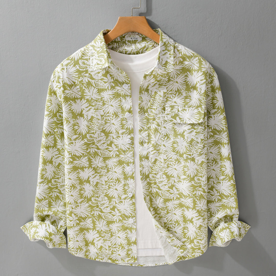 Damen Leichtes Blumenprint-Overshirt aus Leinen-Baumwollmix mit Kentkragen und Brusttasche Nord Taschen