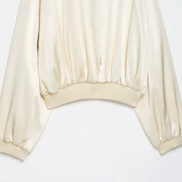 Damen Cropped Blousonjacke aus Satinoptik mit Ballonärmeln und Rippbündchen Nord Taschen