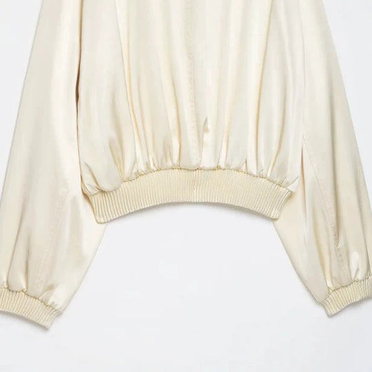 Damen Cropped Blousonjacke aus Satinoptik mit Ballonärmeln und Rippbündchen Nord Taschen
