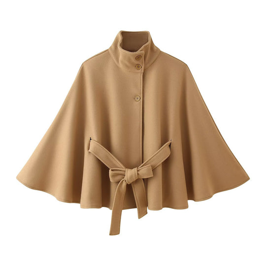 Damen 2900+ eleganter kurzer Cape‑Umhang mit Stehkragen, Knopfleiste und Taillenband Nord Taschen