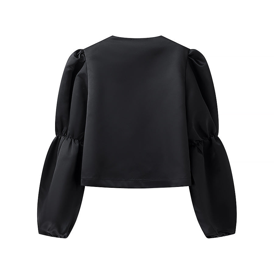 Damen Glänzende Satin‑Bluse mit voluminösen Puffärmeln Nord Taschen