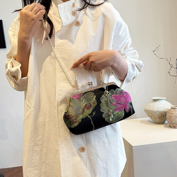 Damen stilvolle Handtasche mit floralen Mustern und Perlenkette Nord Taschen