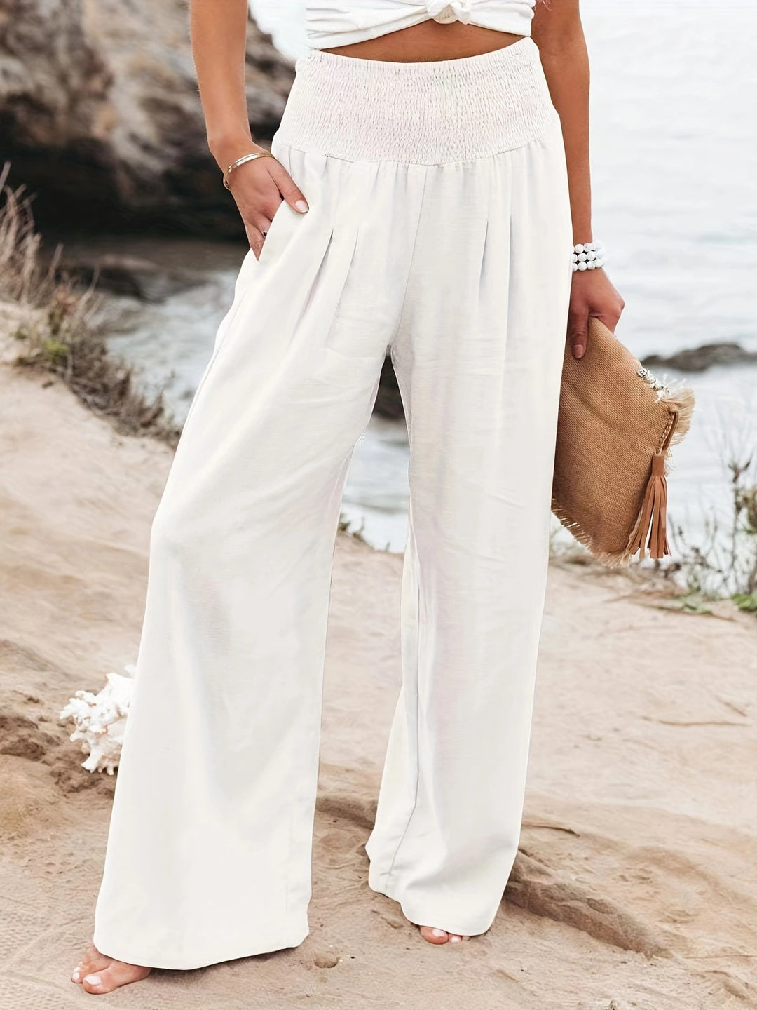 Damen Weite Leinenhose mit Smokbund und Eingrifftaschen Nord Taschen