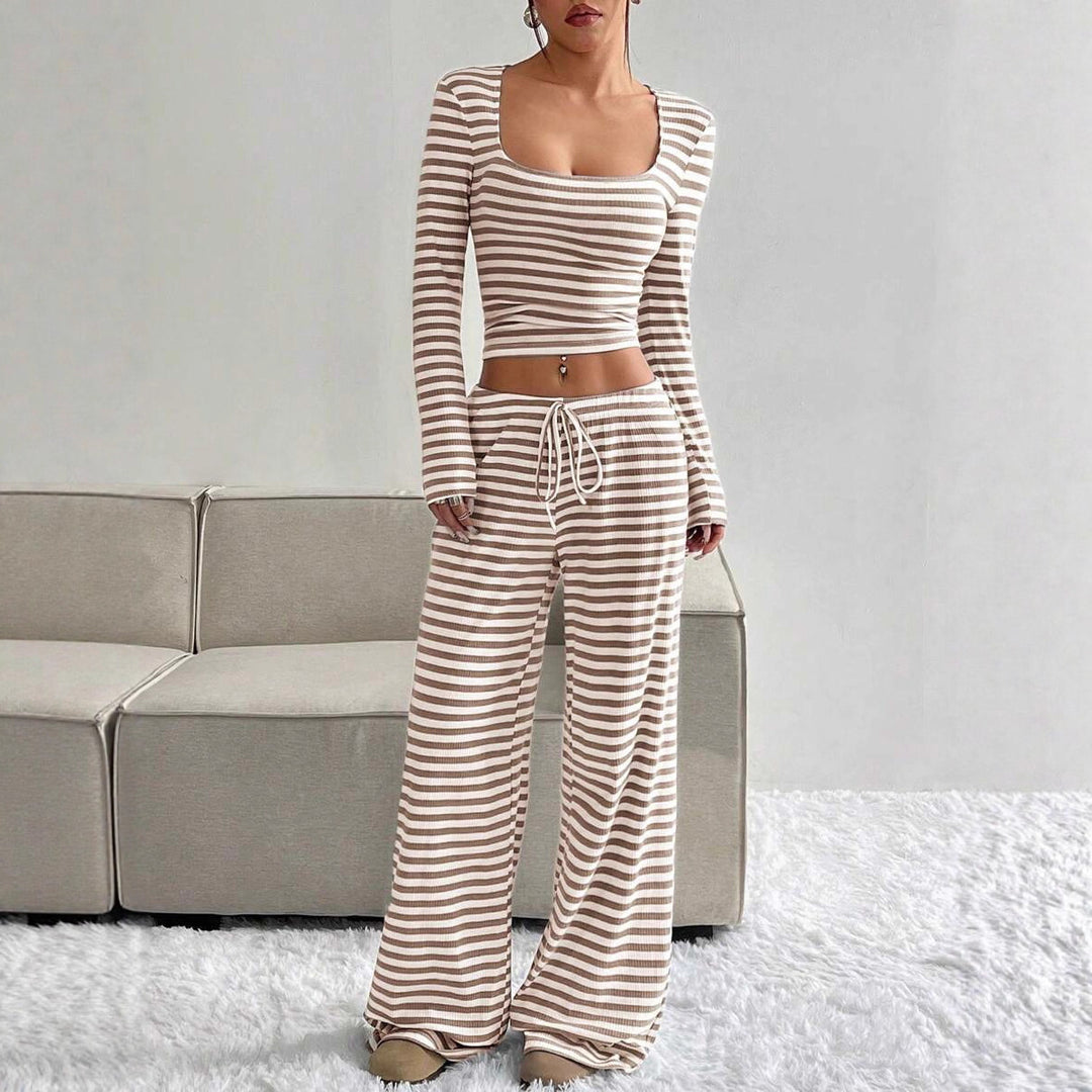Damen Gestreifter Lounge-Zweiteiler mit weitem Bein und Cropped Langarmtop Nord Taschen