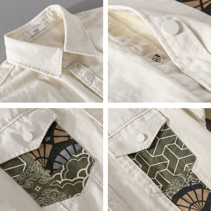 Herren Leichtes Canvas-Overshirt im Worker‑Stil mit japanischem Musterpatch und Druckknopfleiste Nord Taschen