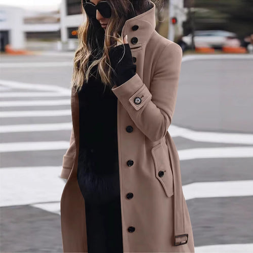 Damen Langschnittiger Trenchcoat mit überhöhtem Stehkragen, Knopfblende und Taillengürteloptik Nord Taschen