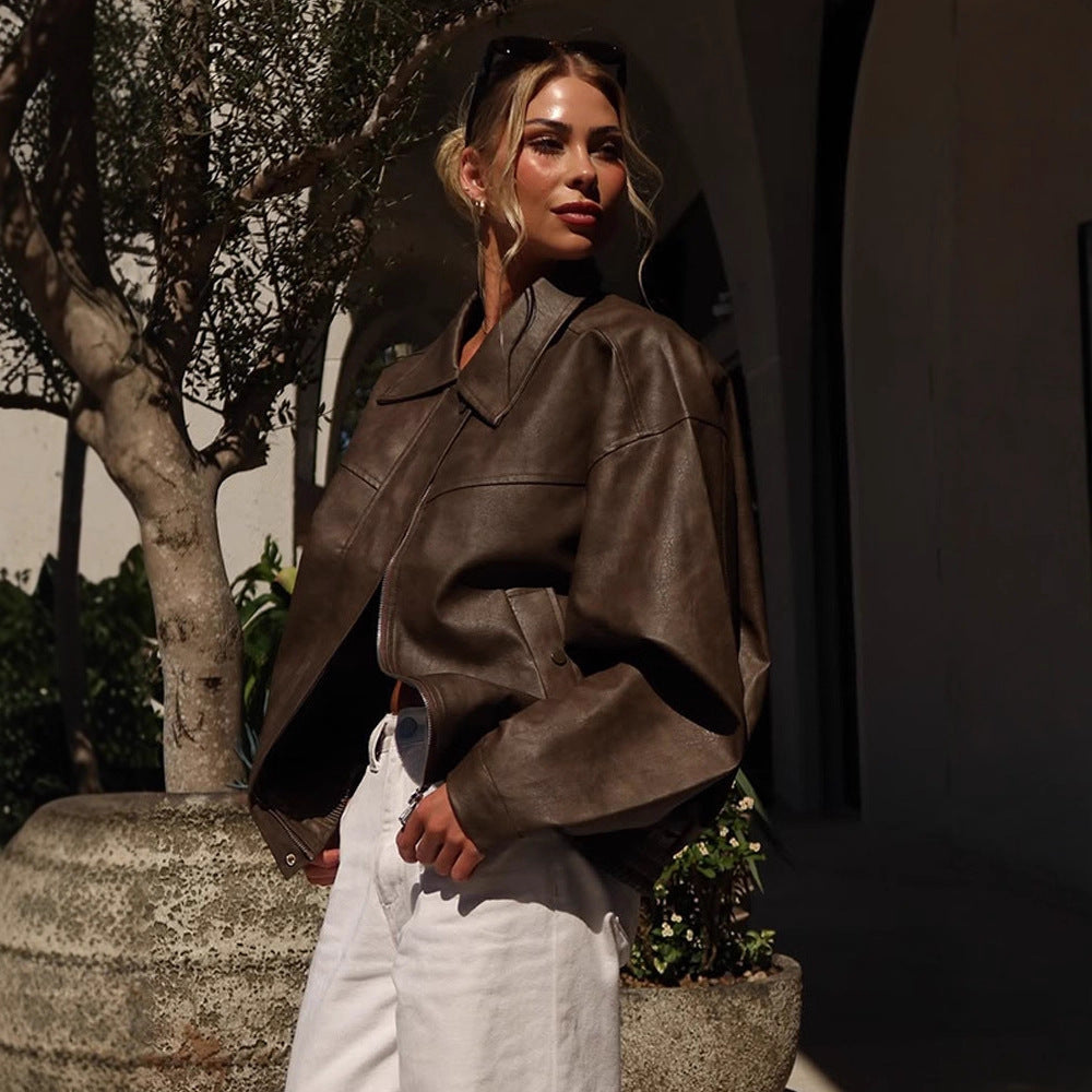 Damen Boxy Cropped Lederimitat‑Blouson mit Oversize‑Schulter Nord Taschen