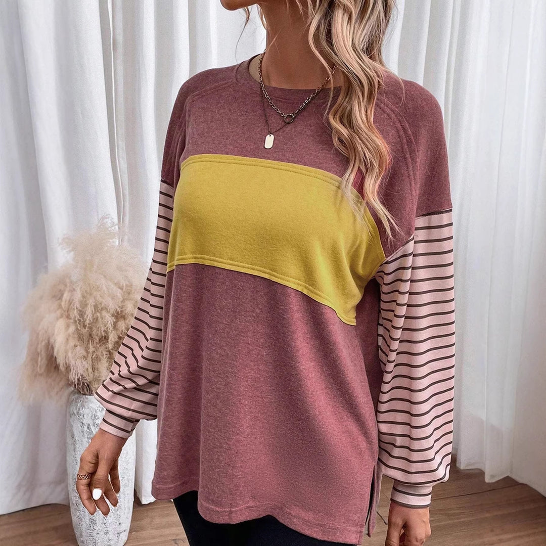 Damen Lockeres Colorblock-Sweatshirt mit gestreiften Ärmeln und Rundhalsausschnitt Nord Taschen