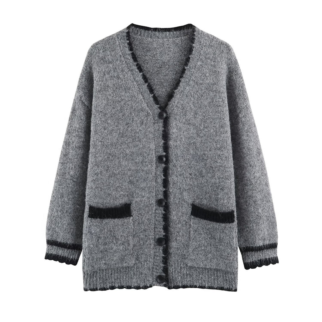 Damen Oversize Strickcardigan mit V-Ausschnitt, Knopfleiste und kontrastierenden Zierkanten Nord Taschen