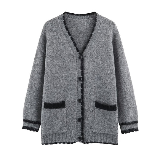 Damen Oversize Strickcardigan mit V-Ausschnitt, Knopfleiste und kontrastierenden Zierkanten Nord Taschen