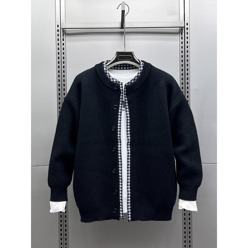 Unisex Lässige Strickjacke im Layering-Look mit Rundhals und Kontrast-Karoinnenschicht Nord Taschen