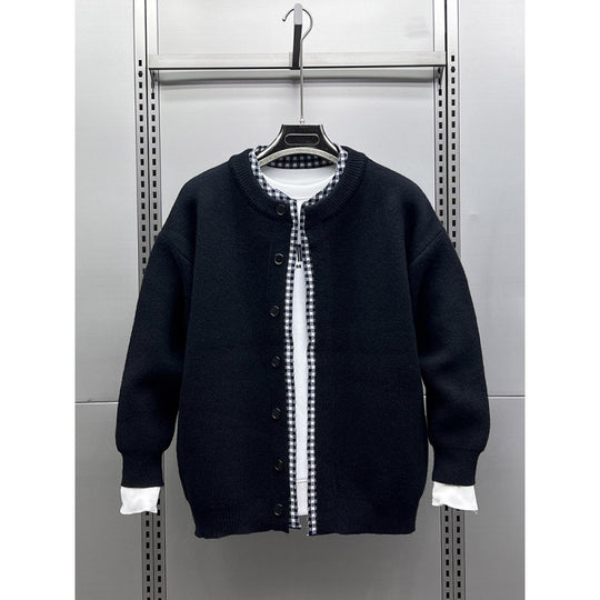 Unisex Lässige Strickjacke im Layering-Look mit Rundhals und Kontrast-Karoinnenschicht Nord Taschen