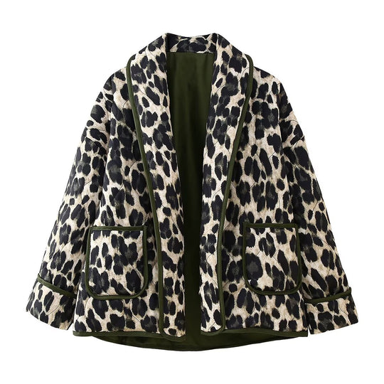 Damen Gefütterte Kimono-Jacke mit Leopardenmuster, Oversize-Schnitt und aufgesetzten Taschen Nord Taschen