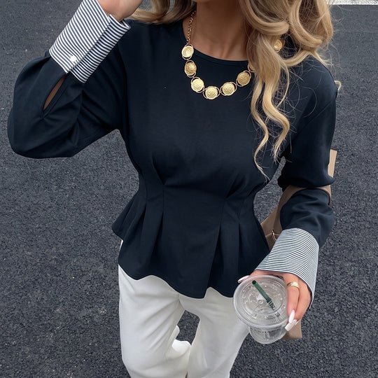 Damen Tailliertes Peplum‑Top mit Kellerfalten, Rundhalsausschnitt und Kontrastbündchen Nord Taschen