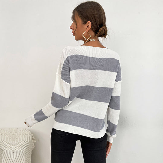 Damen Lässiger V-Ausschnitt Strickpullover mit breiten Streifen Nord Taschen