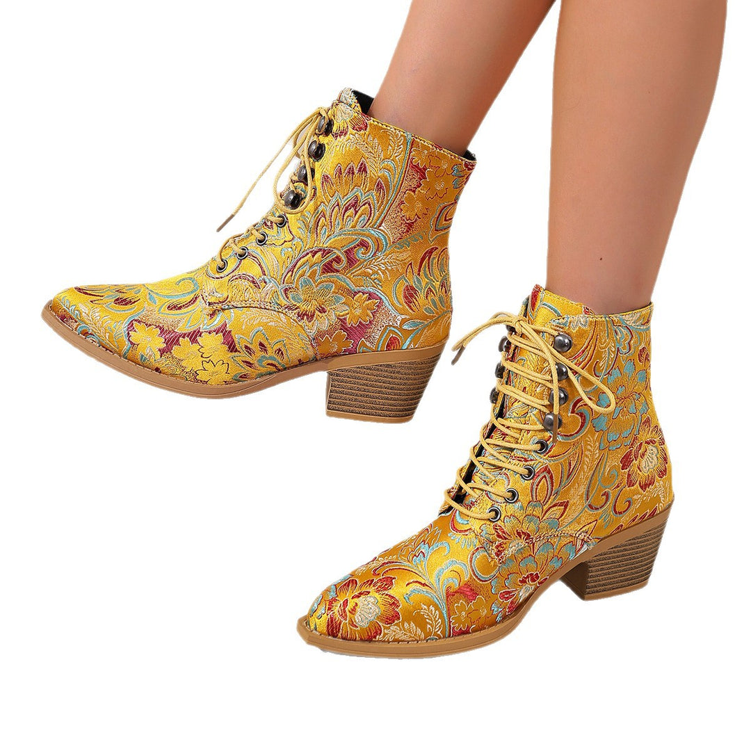 Damen nan bestickte Schnür-Stiefelette mit Jacquard-Brokatmuster und niedrigem Blockabsatz Nord Taschen