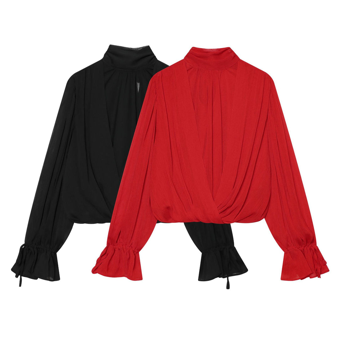 Damen Schlupfbluse mit Schleifenkragen, plissierten Volantärmeln und elastischem Saum Nord Taschen