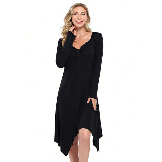Damen asymmetrisches Longsleeve-Kleid mit gerafftem Bustier, Empire‑Naht und Zipfelsaum Nord Taschen