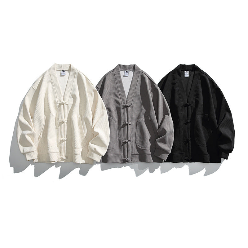 Herren weit geschnittene Kimono-Jacke im Hanfu-Stil mit Kordelverschlüssen und aufgesetzten Taschen Nord Taschen