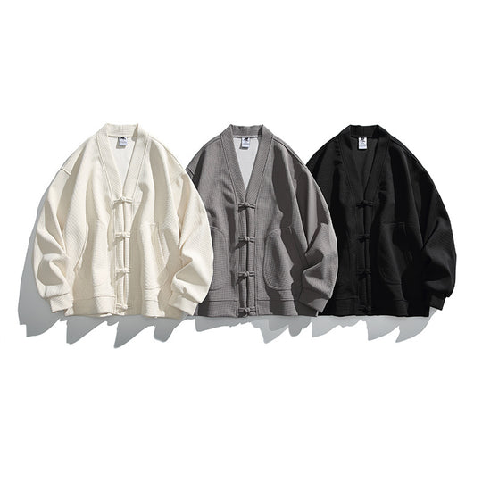 Herren weit geschnittene Kimono-Jacke im Hanfu-Stil mit Kordelverschlüssen und aufgesetzten Taschen Nord Taschen