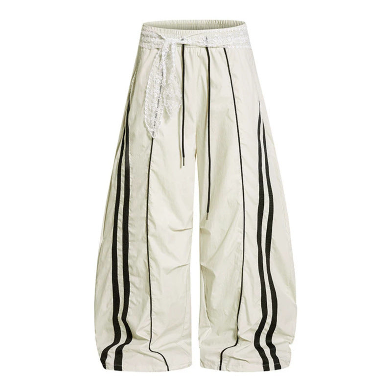 Damen Weite Palazzo-Loungehose mit elastischem Komfortbund, Kontraststreifen und Spitzenschnur Nord Taschen
