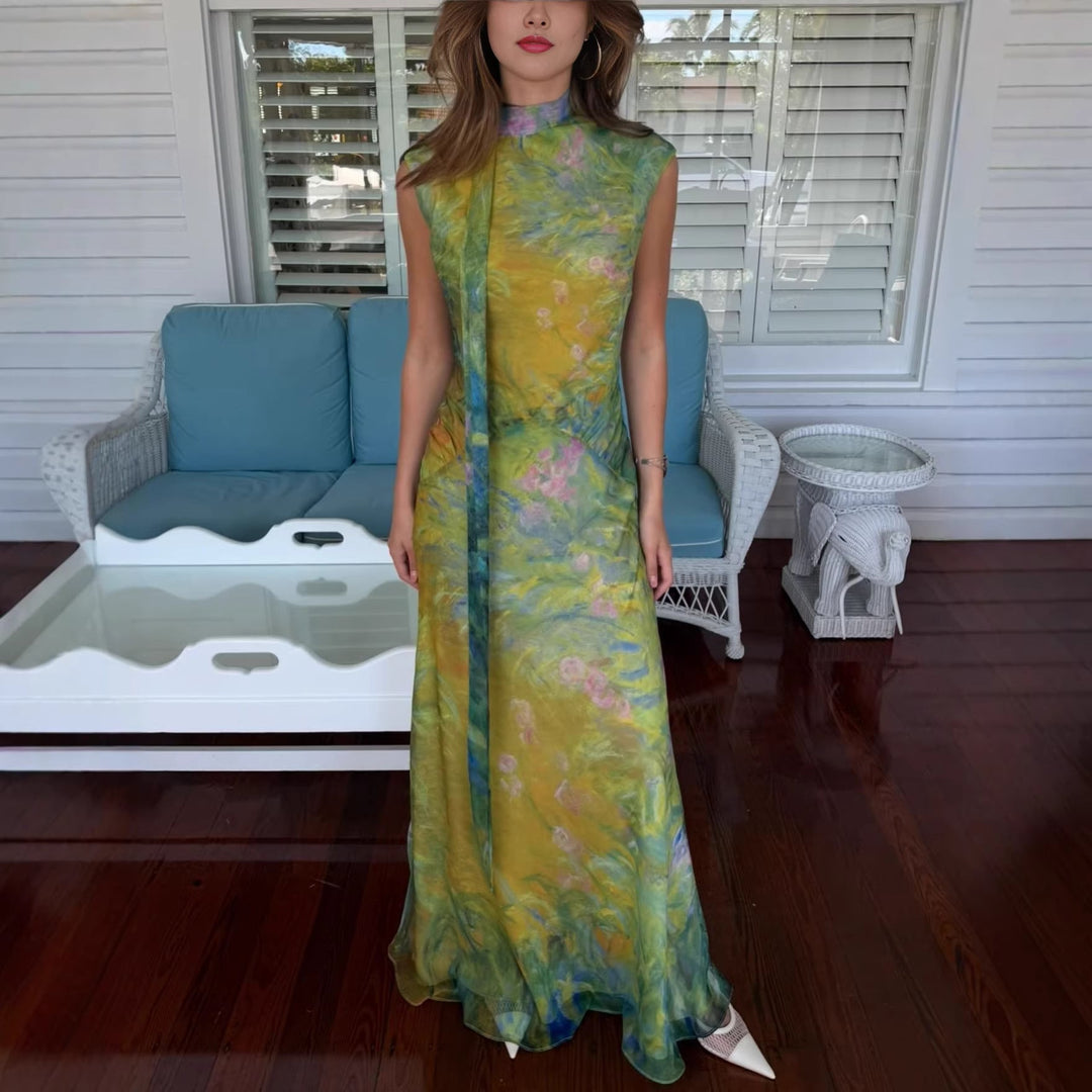 Damen Langes Kleid mit floralem Design und hochgeschlossenem Kragen Nord Taschen