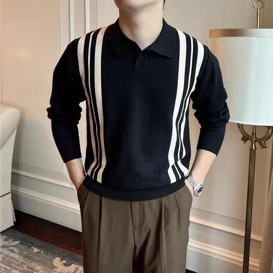 Herren Polokragen-Strickpullover mit markanten Längsstreifen und schmaler Passform Nord Taschen