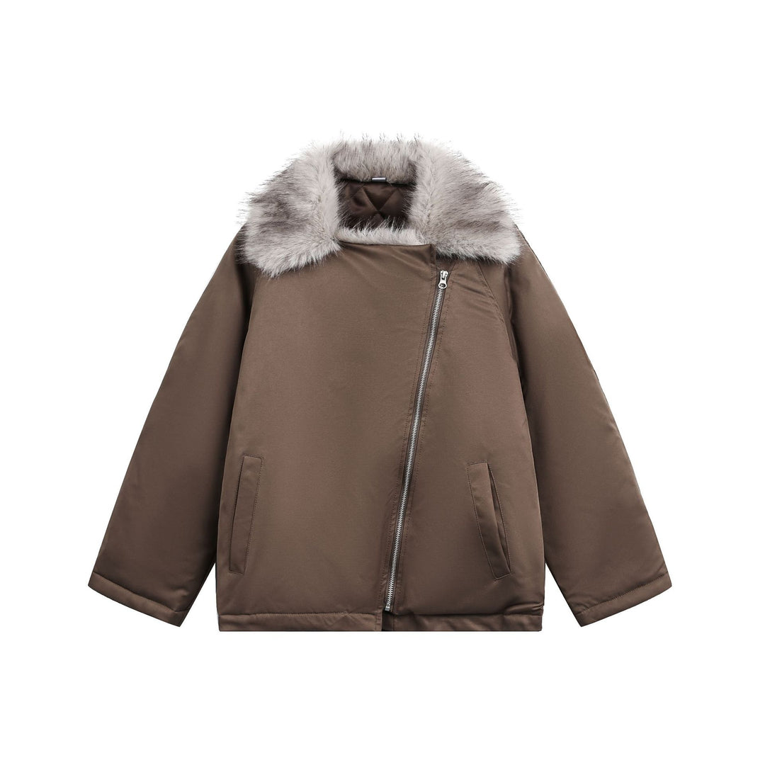 Damen Wattierter Kurzparka mit Kunstfellkragen und asymmetrischer Reißverschluss Nord Taschen