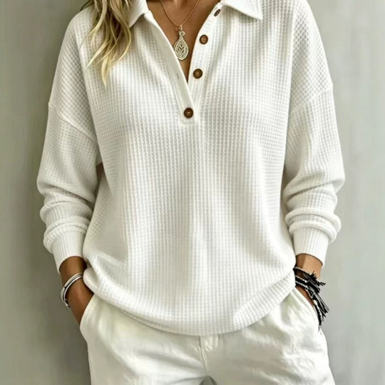 Damen Waffelstrick-Polo mit Oversize-Schnitt, Knopfleiste und Rollkragen-Optik Nord Taschen