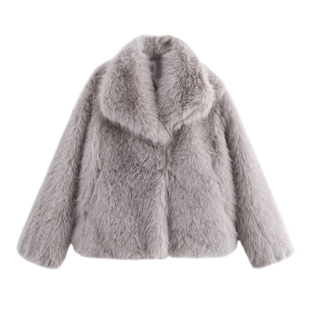 Damen Kurz geschnittener Faux-Fur-Mantel mit voluminösem Schalkragen und geradem Schnitt Nord Taschen