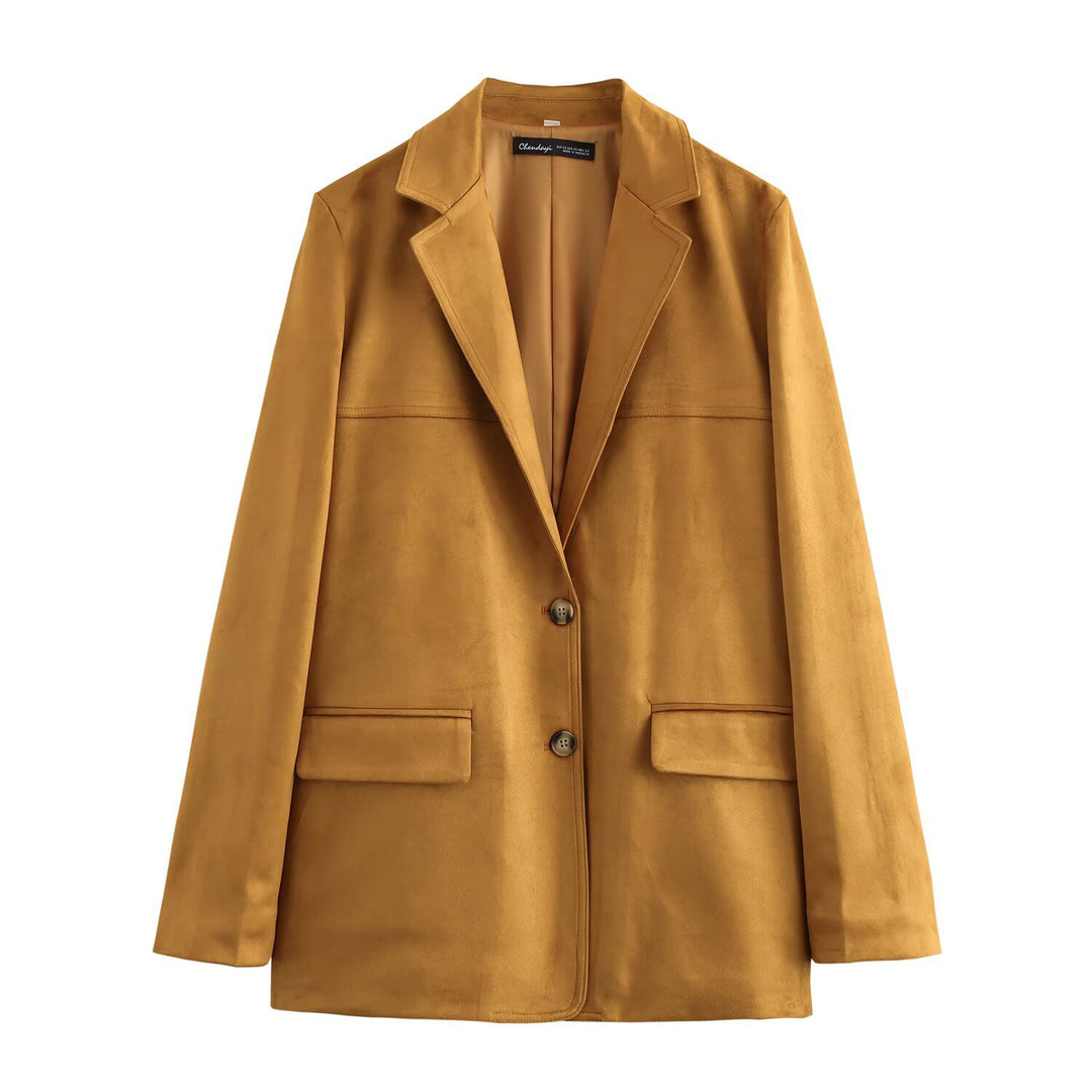 Damen Lang geschnittener Wildlederoptik-Blazer mit Reverskragen und Pattentaschen Nord Taschen