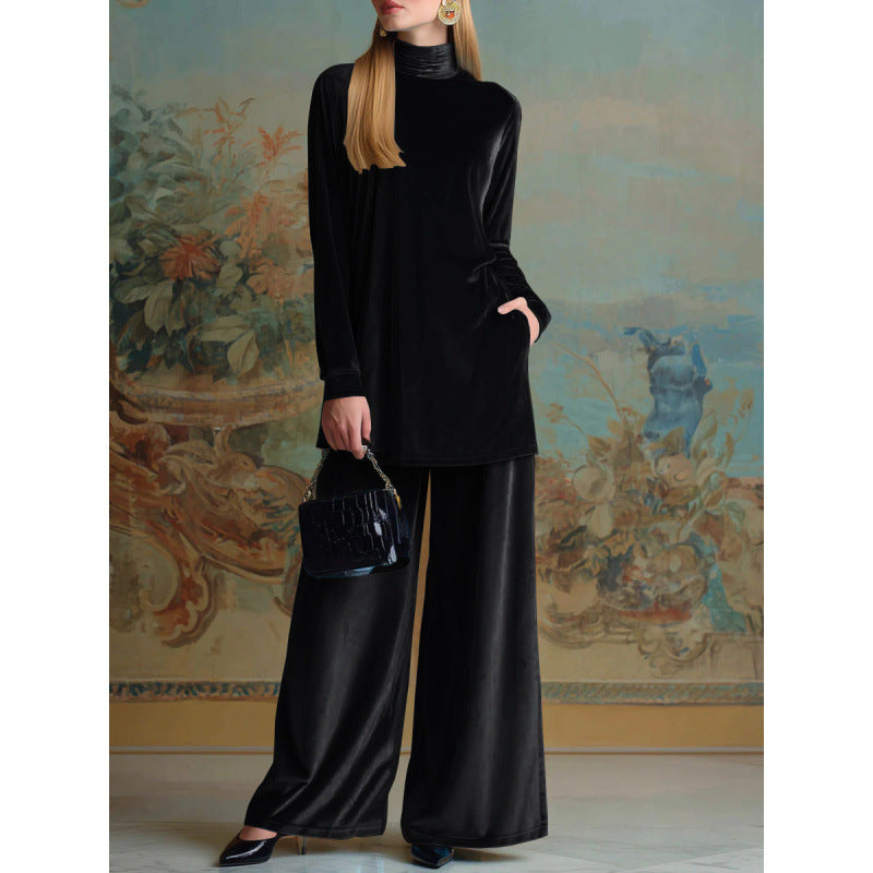 Damen Oversize-Samt-Set mit Rollkragen und weitem Palazzohose Nord Taschen