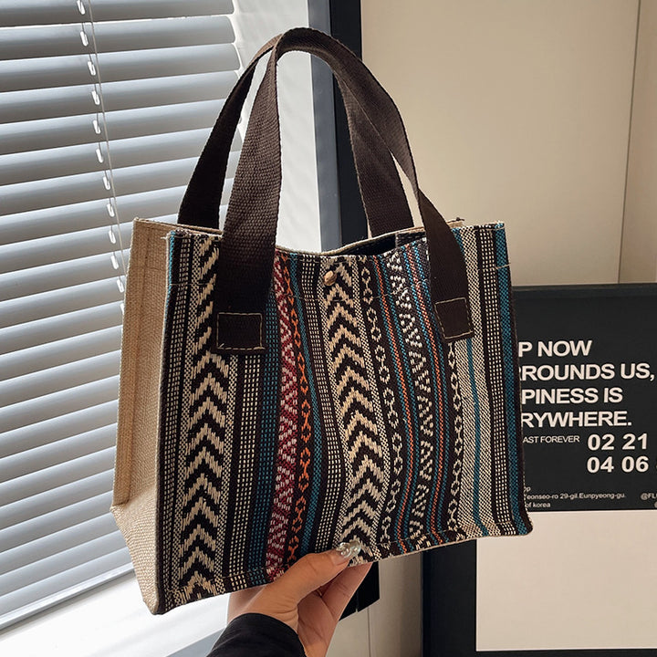 Damen Jute-Tragetasche mit buntem Muster und stabilen Baumwollgriffen Nord Taschen