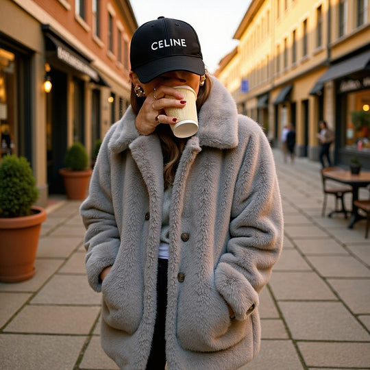 Damen Oversize Kunstfell-Mantel mit Reverskragen, aufgesetzten Taschen und Knopfleiste Nord Taschen