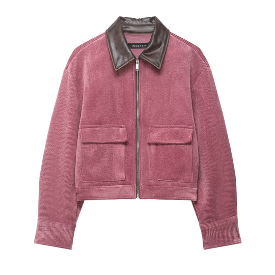 Damen Kurze Cord-Collegejacke mit Kunstlederkragen und aufgesetzten Pattentaschen Nord Taschen