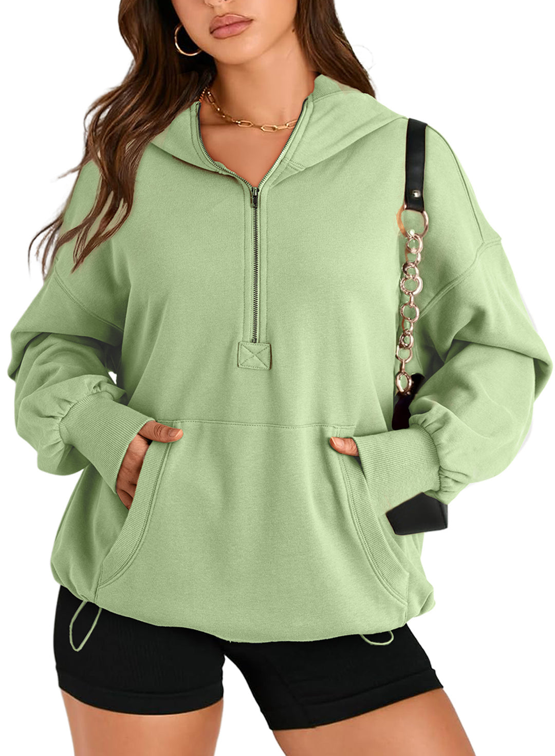 Damen Oversize-Halbreißverschluss-Kapuzenpullover mit Kängurutasche Nord Taschen