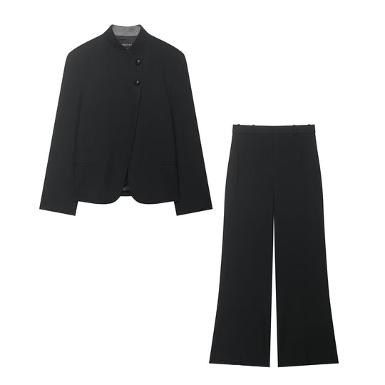 Damen Zweiteiliges Anzugs-Set mit Kurzblazer im Mandarinkragen und Highwaist-Weitbein-Hose Nord Taschen