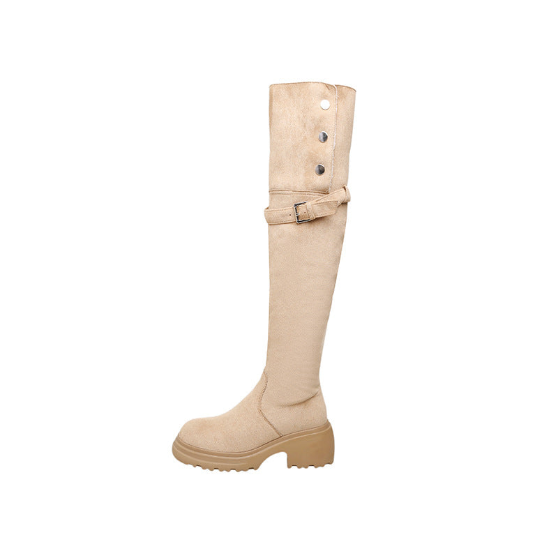 Damen kniehohe Worker‑Stiefel mit umklappbarem Teddy‑Bündchen und sculpted Plateau‑Absatz Nord Taschen