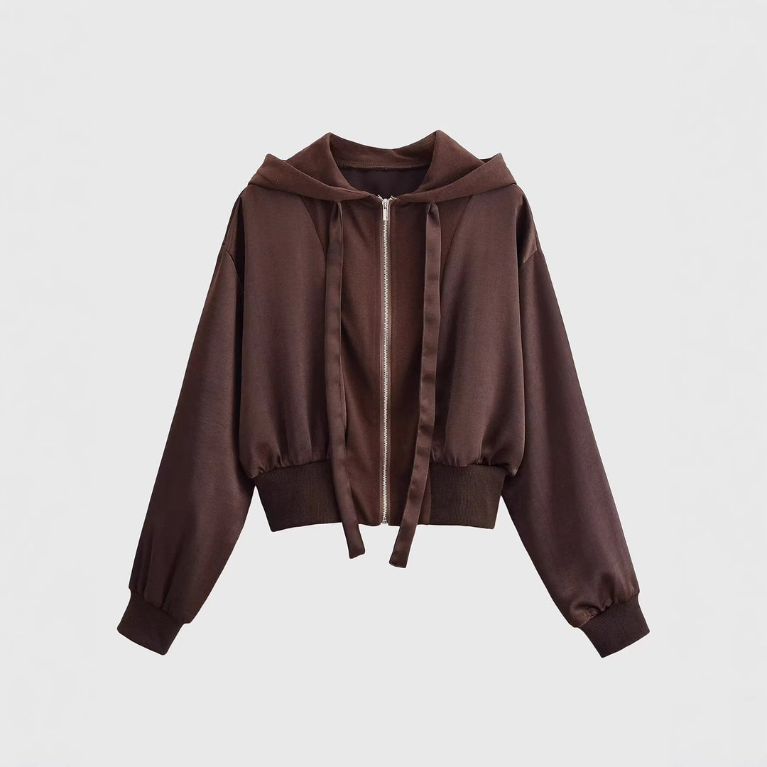 Damen Cropped Kapuzenjacke mit Reißverschluss, übergroßen Ärmeln und breitem Rippbund Nord Taschen