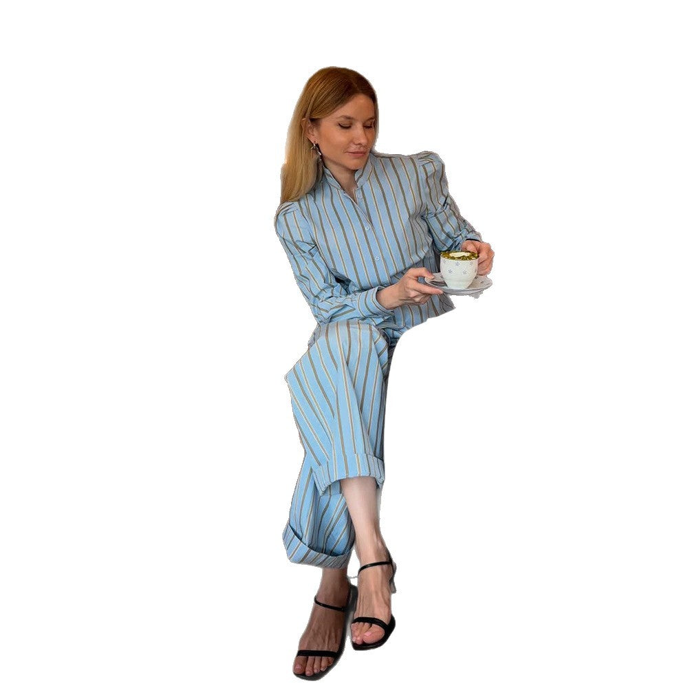 Damen Gestreifter Loungewear-Zweiteiler mit taillierter Hemdbluse und weiter Bundhose Nord Taschen