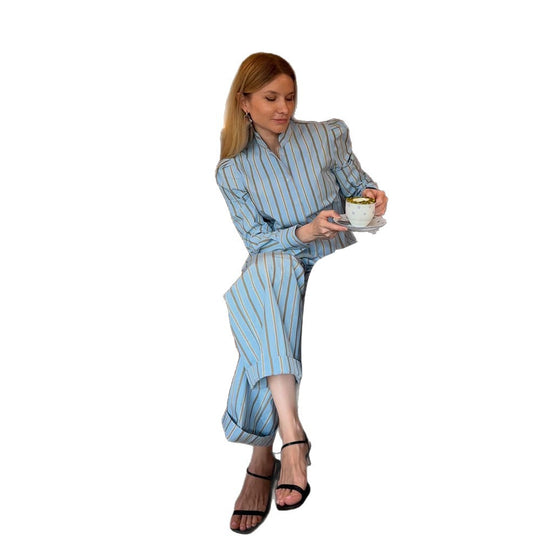 Damen Gestreifter Loungewear-Zweiteiler mit taillierter Hemdbluse und weiter Bundhose Nord Taschen