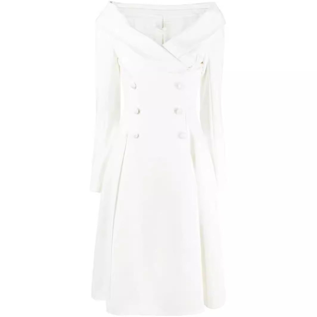 Damen Maxikleid im Mantel‑Look mit Carmenkragen und Doppelreihe Nord Taschen