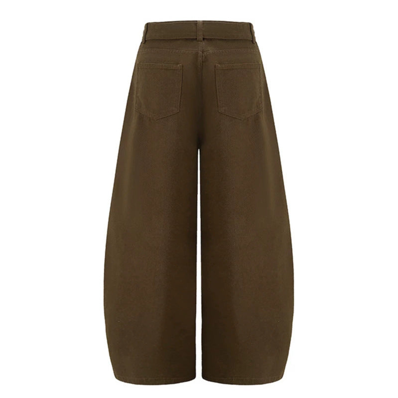 Damen Extraweite High‑Waist Palazzo‑Hose mit dekorativem Knie‑Patch, Bindegürtel und Culotte‑Schnitt Nord Taschen