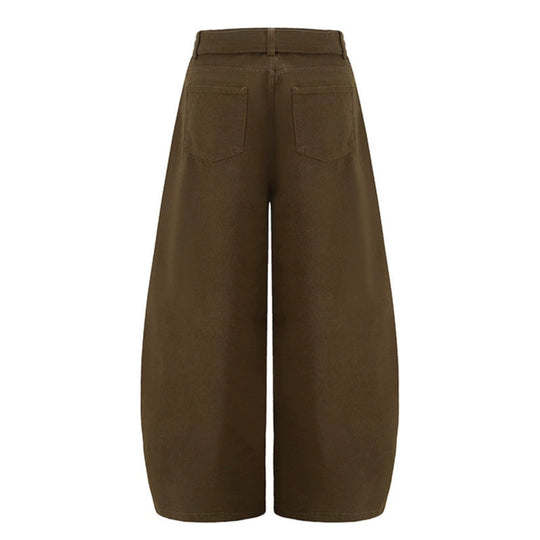 Damen Extraweite High‑Waist Palazzo‑Hose mit dekorativem Knie‑Patch, Bindegürtel und Culotte‑Schnitt Nord Taschen
