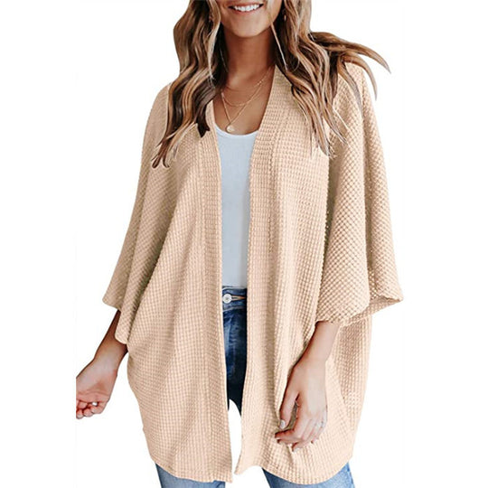 Damen Waffelstrick Offener Kimono-Cardigan mit Fledermausärmeln Nord Taschen