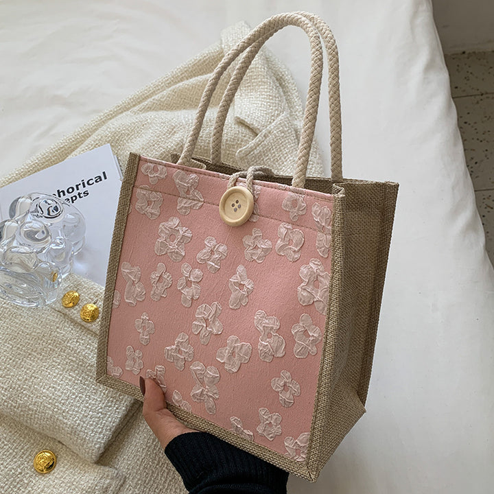 Damen Jute-Tragetasche mit floralem Muster und stabilem Knopfverschluss Nord Taschen