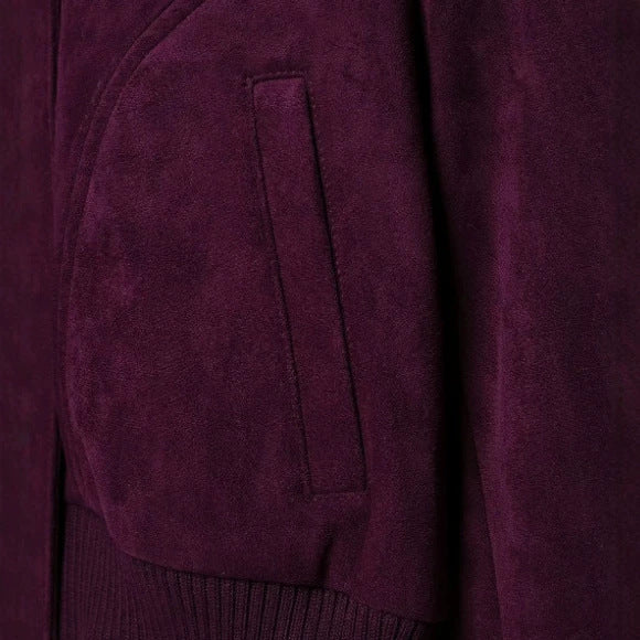 Damen Kurze Veloursleder-Bomberjacke mit hohem Rippenkragen, elastischem Saum und Eingrifftaschen Nord Taschen